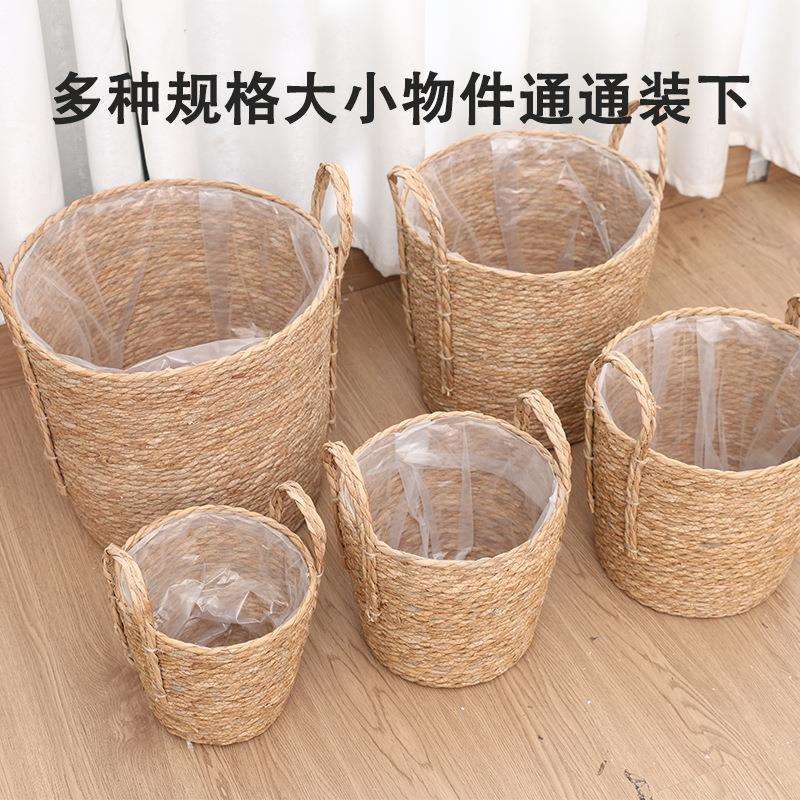 跨境北欧风草编花盆海草盆栽花篮编织篮植物蓝编织落地盆景装饰品
