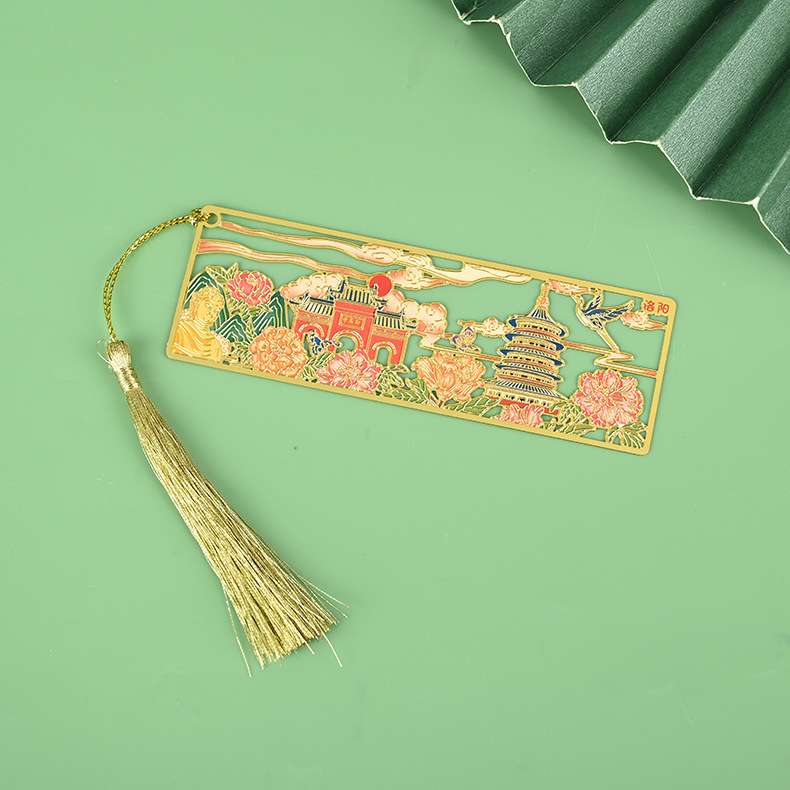 手绘洛阳地标金属书签城市建筑烤漆白马龙马牡丹书签文创旅游书