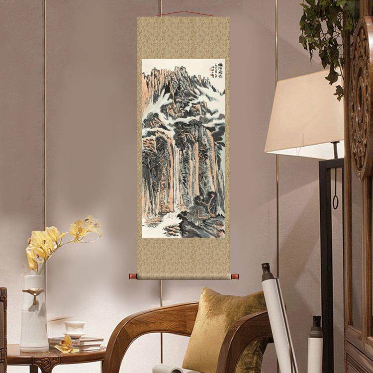 陆俨少雁荡飞瀑图卷轴挂画国画山水名画复制品中式玄关书房装饰画