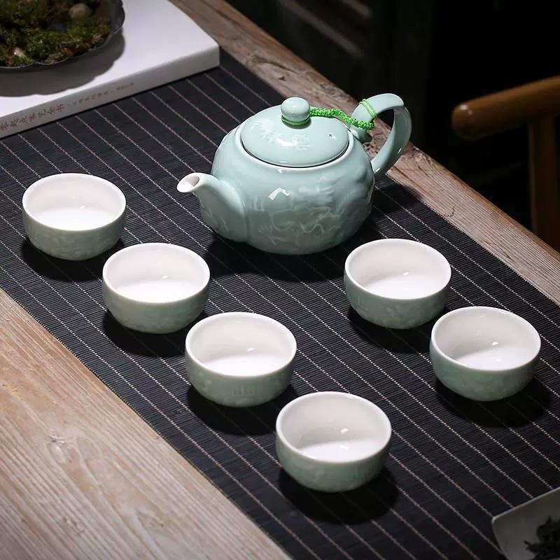厂货通绿釉浮雕龙茶具套装直播供货苏氏陶瓷德化工厂异形茶具