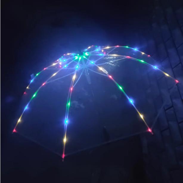 七彩发光LED灯光伞创意长柄八骨手电筒闪光伞半自动POE透明直柄伞