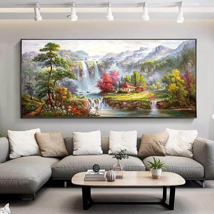 手绘山水轻奢油画小鹿瀑布中式欧式装饰画风景客厅美式仙鹤聚宝盆