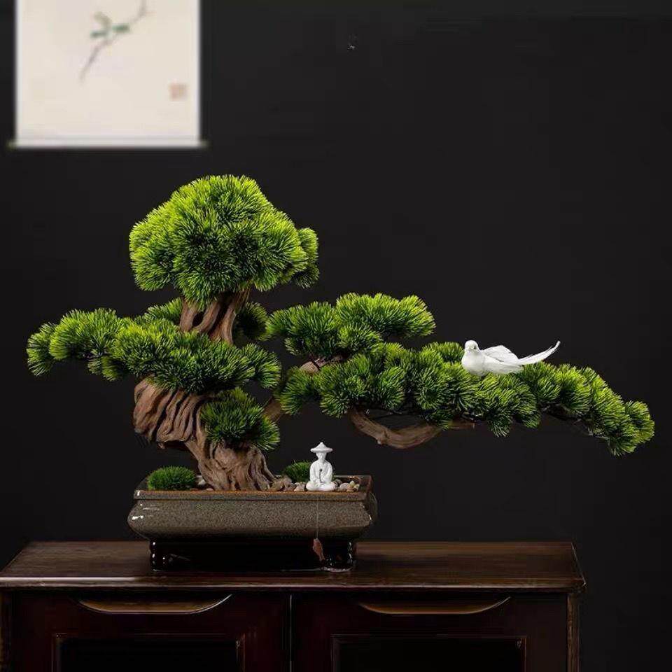 仿真迎客松崖柏盆栽办公室摆件新中式书房玄关盆景植物装饰品酒店