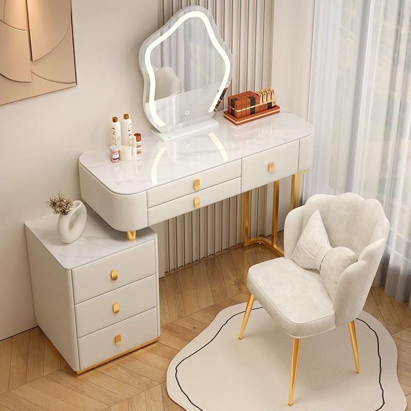 卧室梳妆台岩板全实木轻奢高级感小户型现代奶油风斗柜一体化妆桌