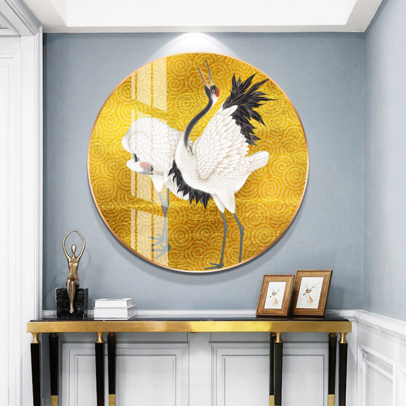 速发新中式仙鹤客厅装饰画圆形玄关挂画现代轻奢茶室背景墙壁画晶图片