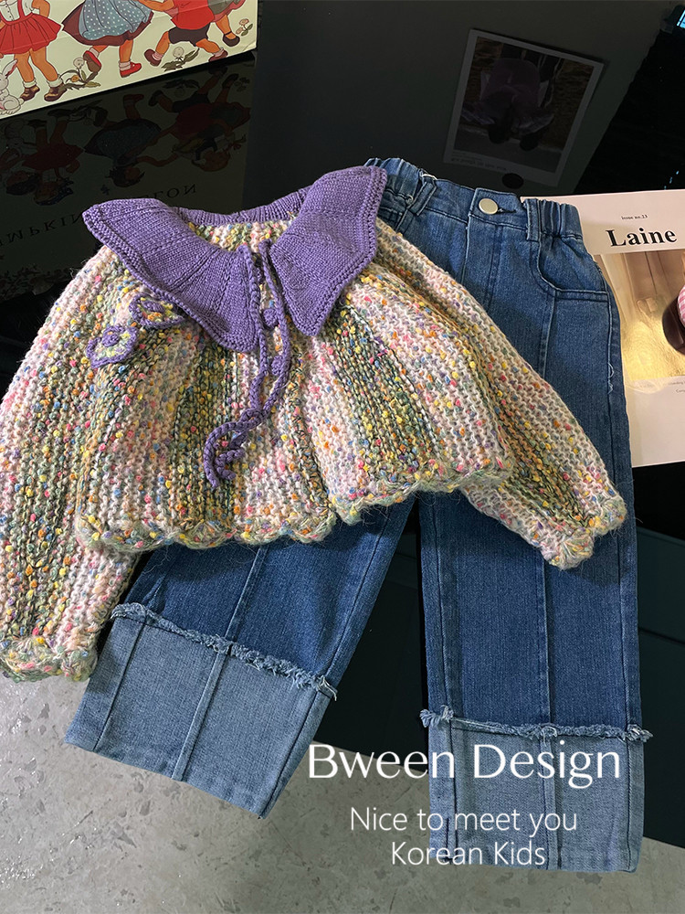 여아 스웨터 재킷 세련된 한국식 아동복 2024 봄 가을 새로운 스타일 아동용 컬러풀한 라펠 니트 가디건