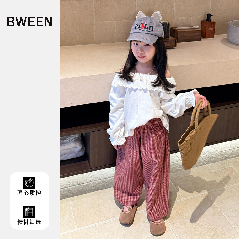 女童衬衫春季2026新款洋气女宝宝蕾丝翻领宽松一字肩上衣儿童衬衣