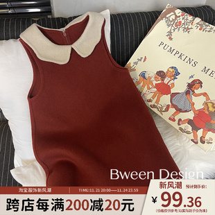 女童吊带裙秋冬洋派童装儿童红色过年服双面呢洋装保暖裙子