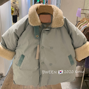 韩国童装儿童棉服冬款2023新款洋气男女童羊羔毛领宽松中长款棉衣