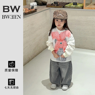 女童t恤春秋款 2025新款 时髦可爱甜美印花长袖 假两件儿童上衣秋季