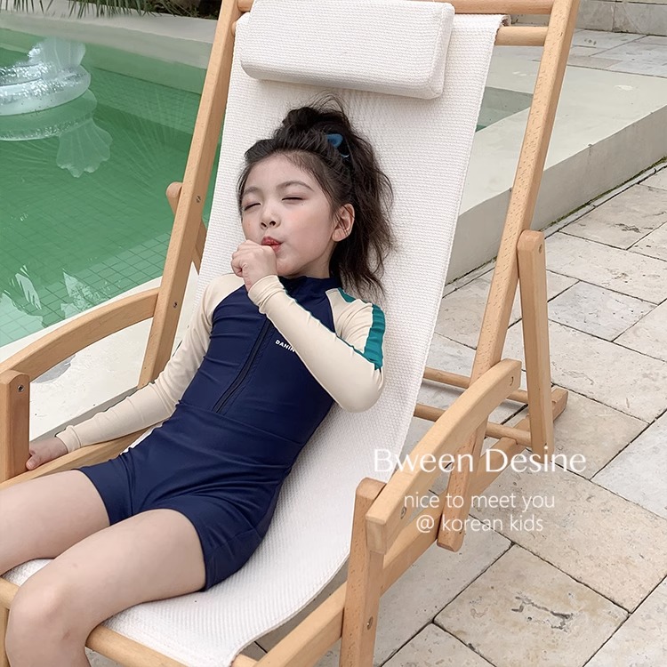 韩国童装女童泳衣网红风夏季新款小女孩撞色时髦儿童长袖连体泳装