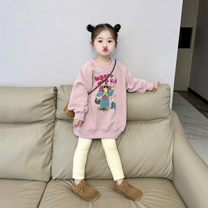 韩国童装女童卫衣春季洋气女宝宝字母卡通印花儿童中长款上衣