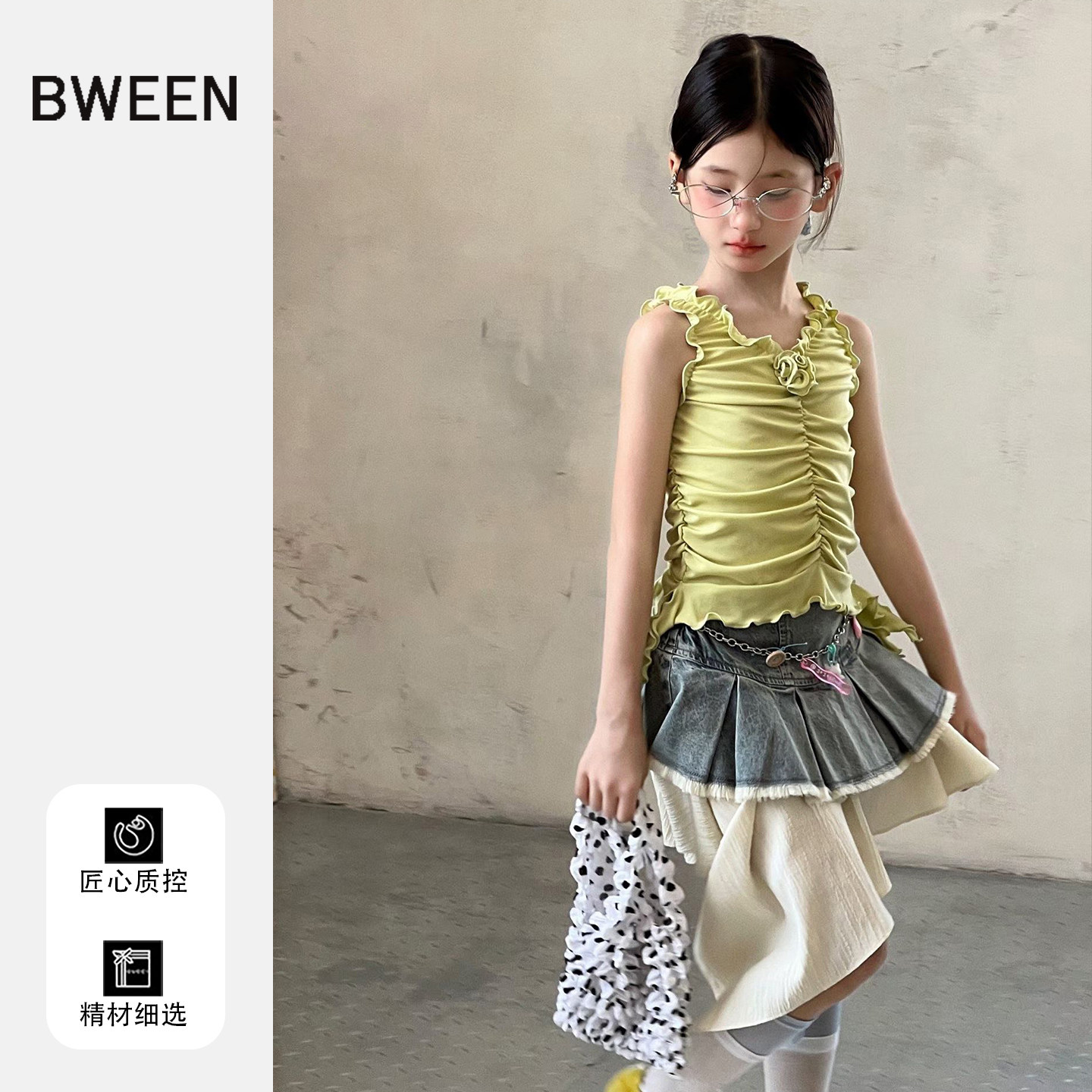 女童t恤春季洋气时髦宝宝吊带背心设计感小众褶皱无袖儿童上衣春