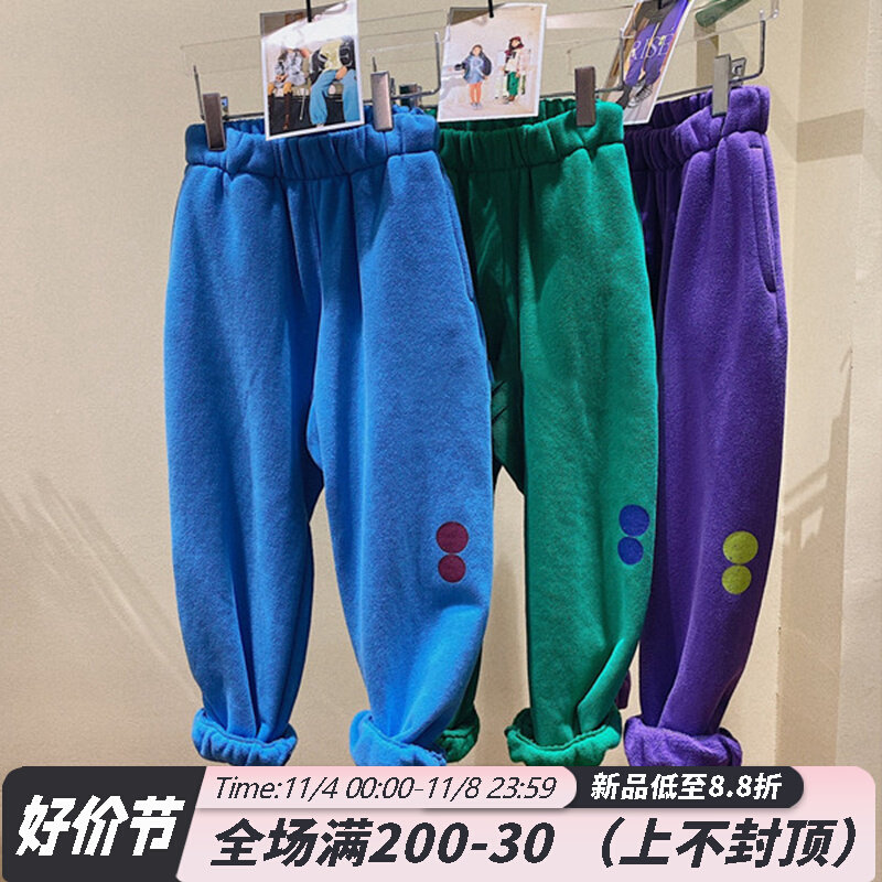 女童裤子2023秋冬新p款洋派男童加厚保暖磨毛糖果色儿童波点哈伦