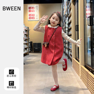 女童连衣裙冬季新款女宝宝洋气格子保暖毛呢背心裙儿童裙子冬天