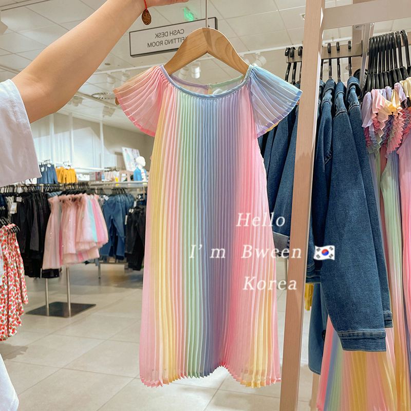 女童连衣裙2025夏季韩版洋气时尚飞飞袖公主裙渐变彩虹裙儿童裙子