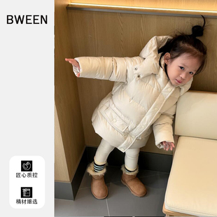 女童羽绒服2025冬季新款洋气宝宝白鸭绒加厚中长款儿童连帽外套潮