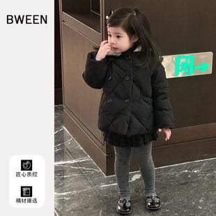 女童棉服冬季2025新款女宝宝黑色时尚洋气连帽保暖儿童外套冬天