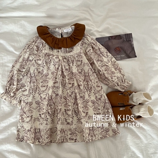 裙子 女宝宝花朵复古宽松儿童长袖 韩国童装 女童连衣裙2025春秋新款