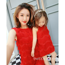 网红亲子装韩版童装24夏装洋气母女装甜美三亚海边流苏红色连衣裙