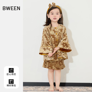 洋气儿童新中式 女童新中式 25新款 冬季 宝宝时髦丝绒上衣半身裙 套装