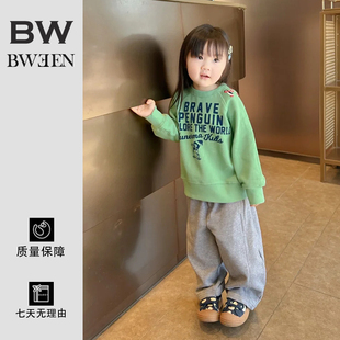 儿童春季 绿色字母圆领长袖 上衣 春秋洋气宝宝时尚 女童卫衣2026新款