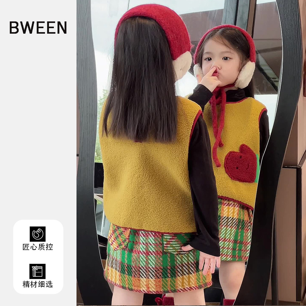 女童毛绒套装冬季2025新款女宝宝洋气韩版儿童时尚马甲保暖半身裙