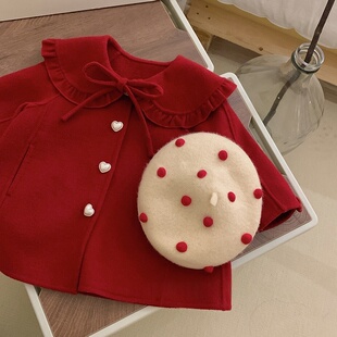 女童红色毛呢外套过年服25冬季韩版童装洋气时髦网红娃娃领呢大衣
