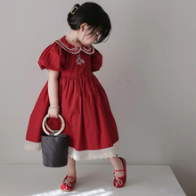 女童红色连衣裙夏季2024新款宝宝洋气复古法式泡泡袖娃娃领裙子