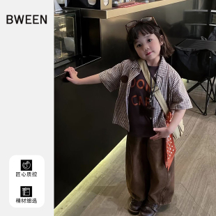 儿童衬衫春款2026新款洋气时尚宝宝休闲百搭上衣女童格纹短袖衬衣