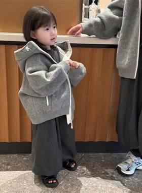 女童外套秋冬2025新款洋气时尚儿童灰色百搭连帽双面呢卫衣上衣潮