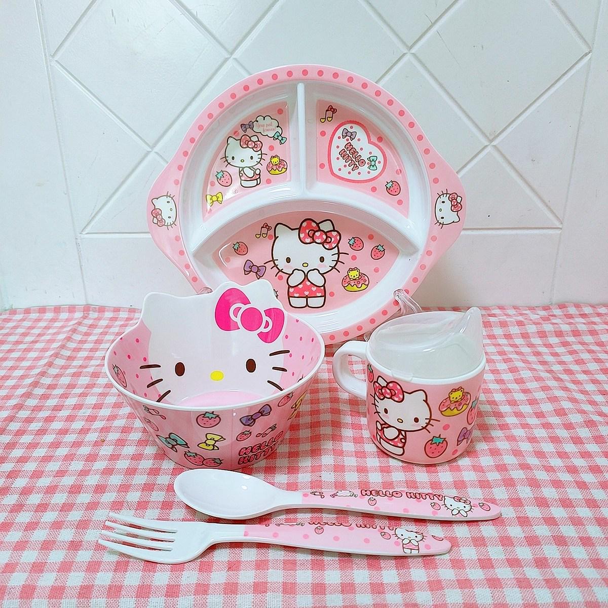 卡通儿童碗KT猫餐具套装水杯宝宝分格餐盘宝宝辅食吃饭碗家用耐