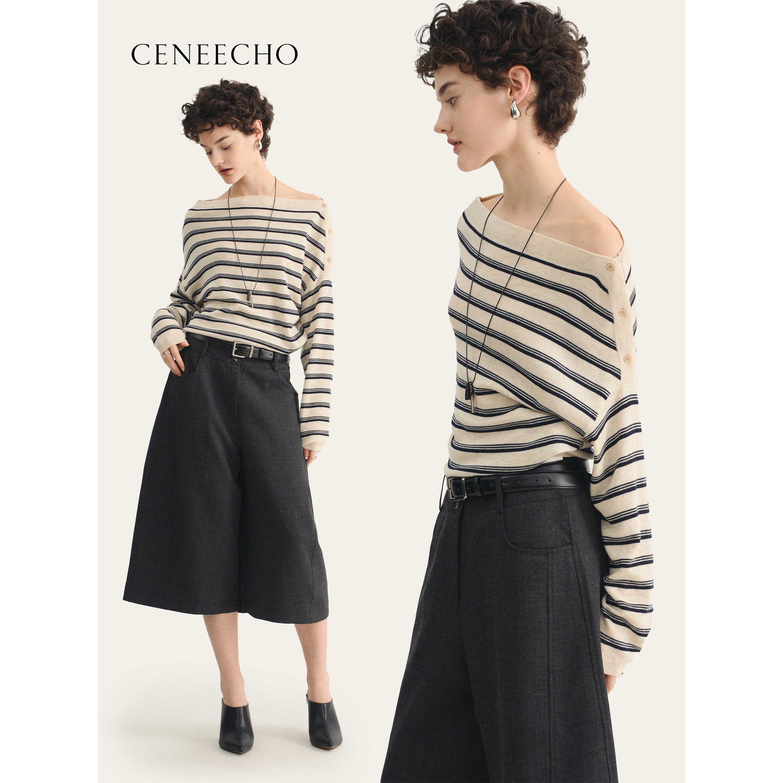 CENEECHO羊毛混纺极简慵懒风条纹针织衫女露肩修身通勤毛衣上衣