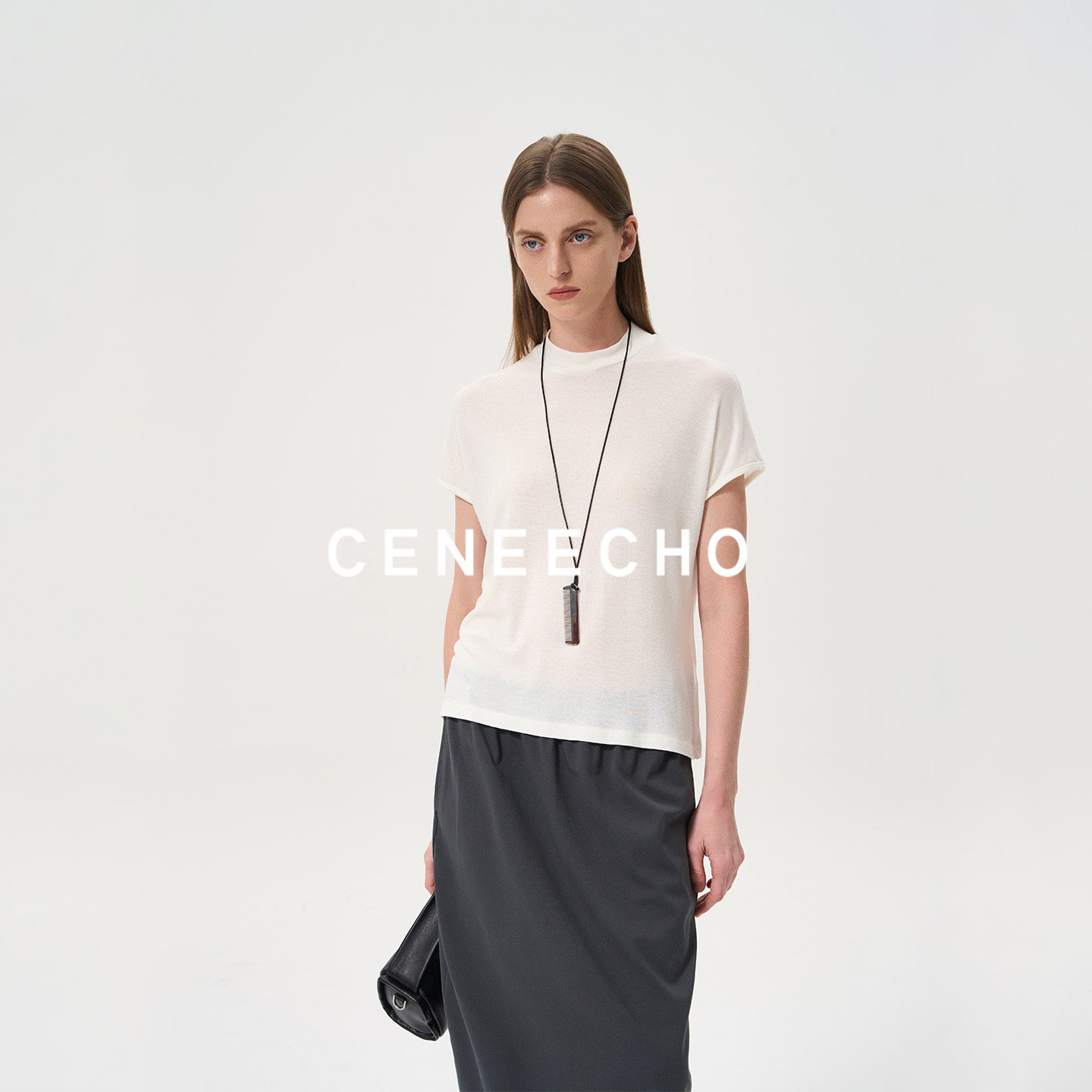 CENEECHO天丝羊毛混纺半高领T恤女新款极简主义连肩袖上衣松弛感