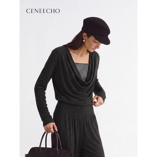 CENEECHO可妮周同款 轻熟优雅风黑色针织套装慵懒松弛感显瘦上衣