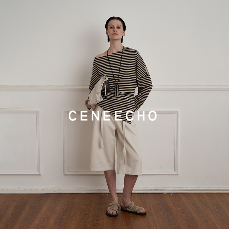 CENEECHO 条纹撞色斜肩一字领两穿修身长袖上衣休闲宽松设计感T恤