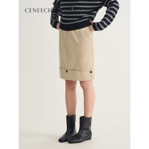 CENEECHO轻工装风卡其色半身裙女中长款翻边纽扣装饰气质显瘦裙子