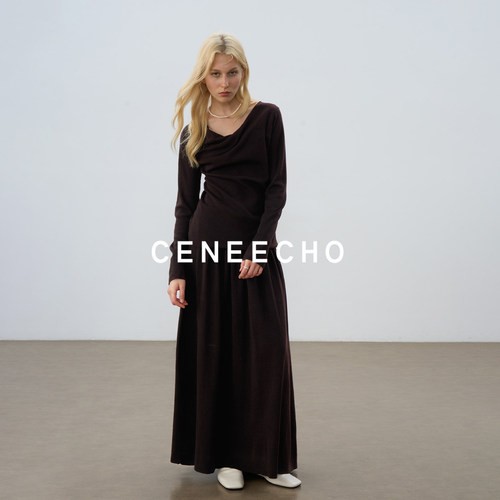 CENEECHO荡领长袖修身半身裙套装