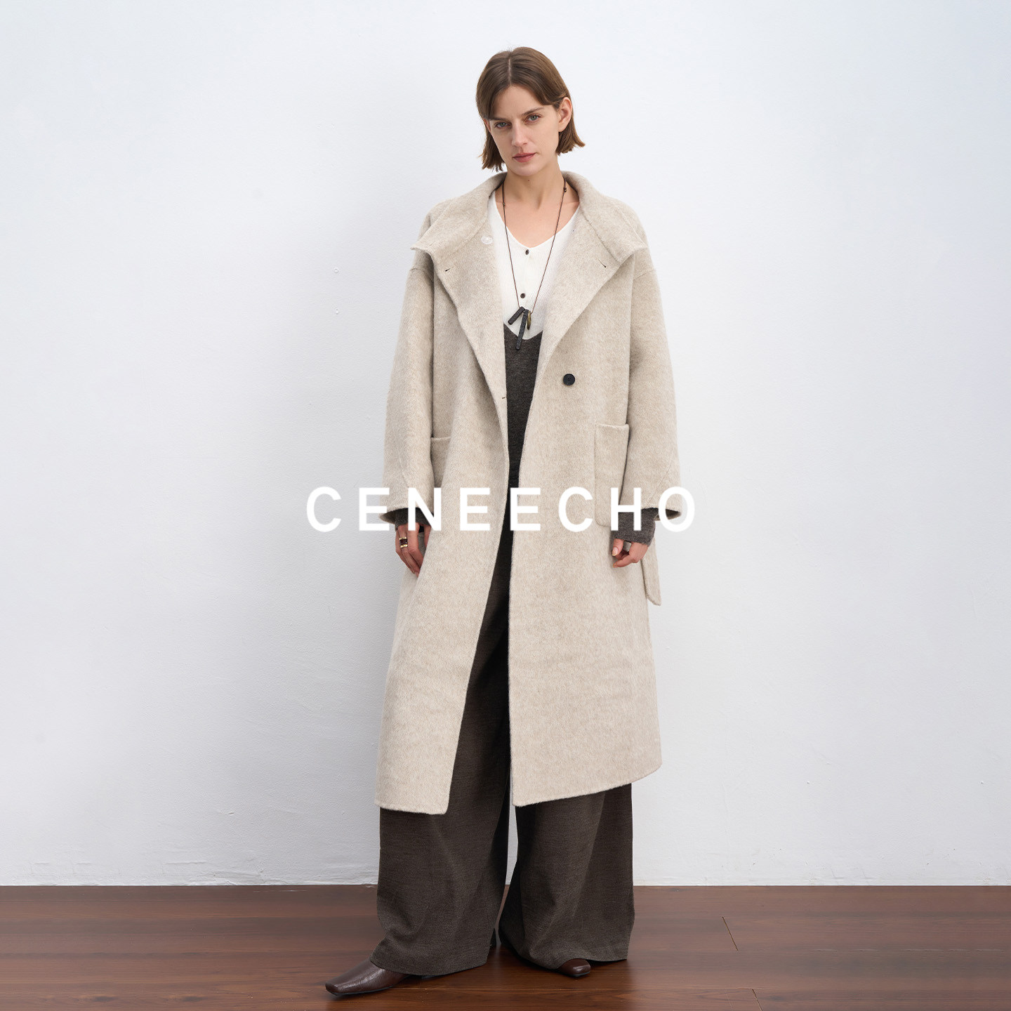 CENEECHO【SUSU系列】绵羊毛毛呢外套女大翻领长款廓形大衣高级感