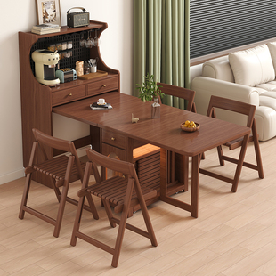 复古实木餐边柜餐桌一体中古风家用小户型法式折叠餐桌靠墙储物柜
