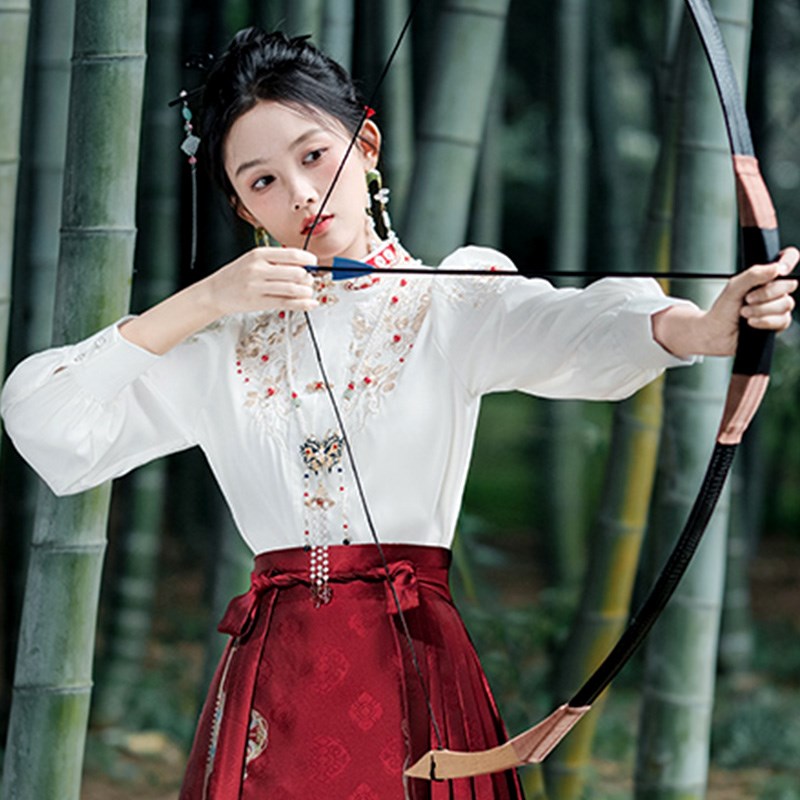 速发马面裙上衣新中式刺绣衬衫白色长袖衬衣改良汉服国风女装立领