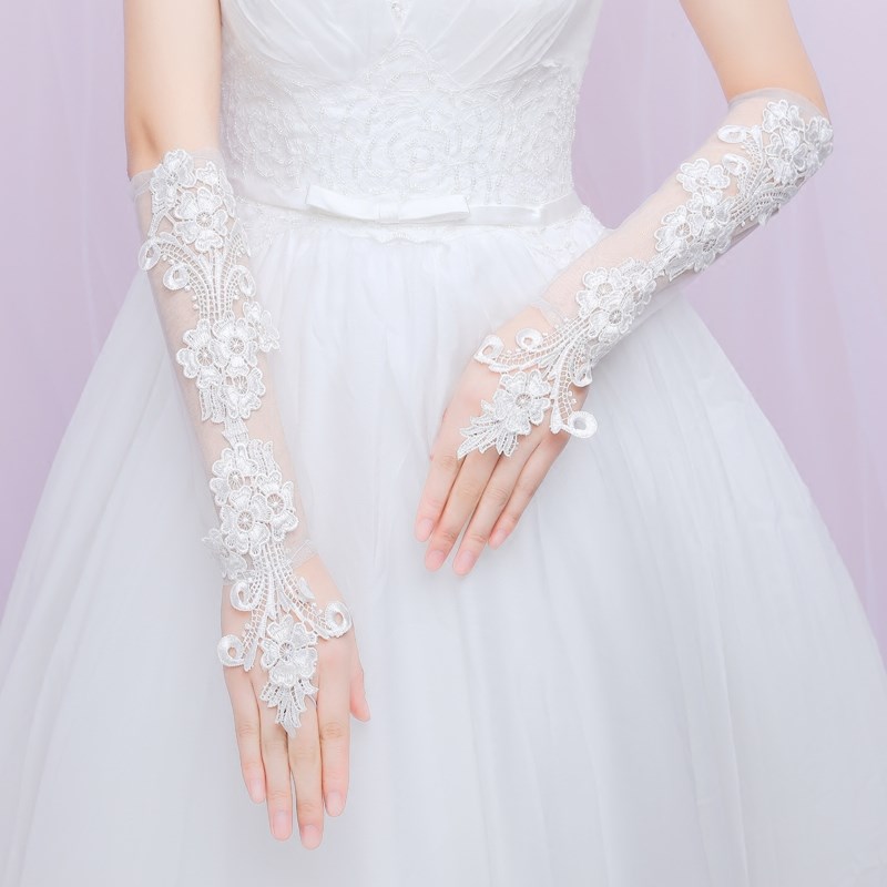 极速新娘婚纱蕾丝手套结婚礼服薄款露指手套O白蕾丝中长款显瘦婚