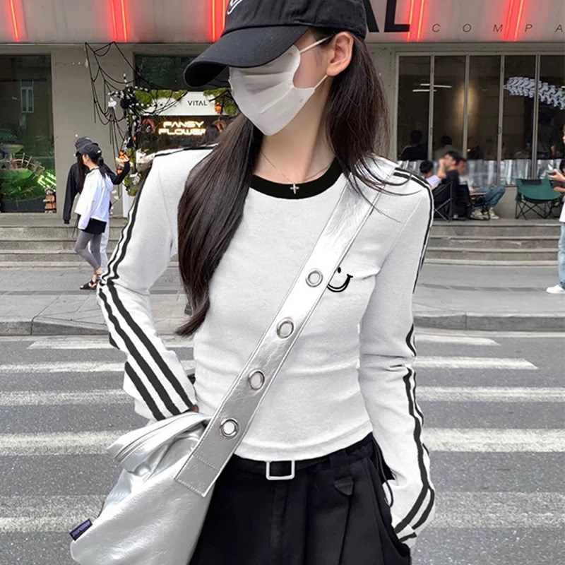 速发2025新款纯棉长袖t恤女春秋季修身显瘦内搭打底衫小个子美式