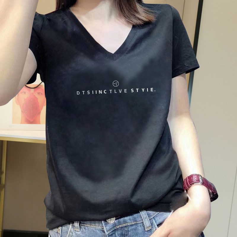 速发2025新款纯棉V领短袖t恤女夏季正肩百搭韩系小衫宽松减龄白色