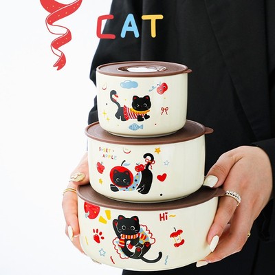 【芭芭农场】卡通猫咪陶瓷保鲜碗套装创意保鲜盒泡面碗盒水果碗