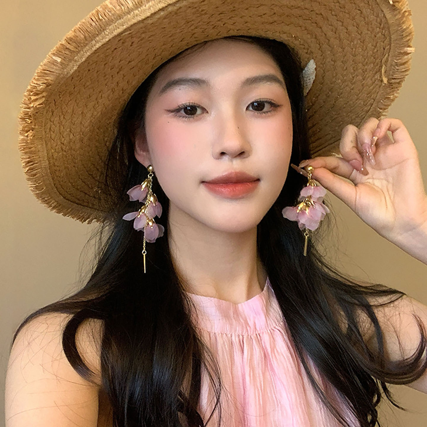 超仙粉色网纱流苏花朵耳环女
