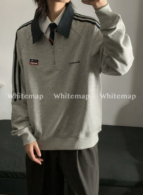 wtmp秋季美式复古拉链POLO半拉链卫衣男女潮牌休闲贴胶三条杠上衣