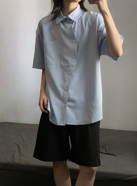 wtmp日系复古不规则门襟短袖衬衫男女夏季宽松休闲小众设计衬衣