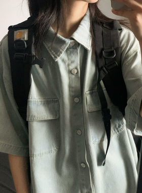 wtmp日系复古水洗做旧短袖牛仔衬衫男女潮牌翻领多口袋工装男衬衣