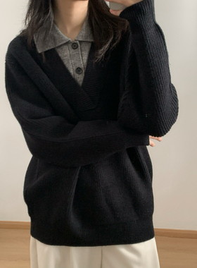 wtmp日系复古设计撞色假两件V领毛衣男女秋冬宽松软糯保暖针织衫